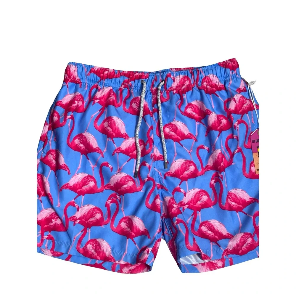 The Endless Summer Mens Large Flamingo Print Swim Trunks Blue‎ Pink Polyester